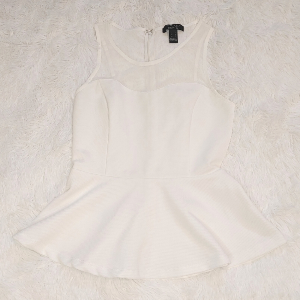 Streetwear Society || Mesh Peplum Top with Zip Back, Small, White